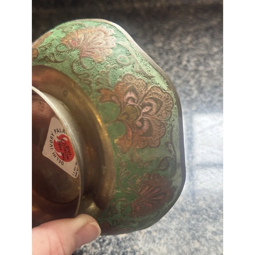 Vintage Solid Brass Enameled Bowl Colorful Peacock Design Made In India‎